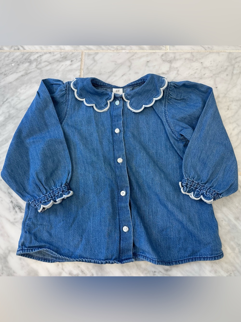 H&M Blue Denim Button-Up Top with Scalloped Trim